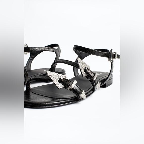 Zadig&Voltaire women’s black calf leather sandals with a strass buckle SIZE 38 - Picture 2 of 8